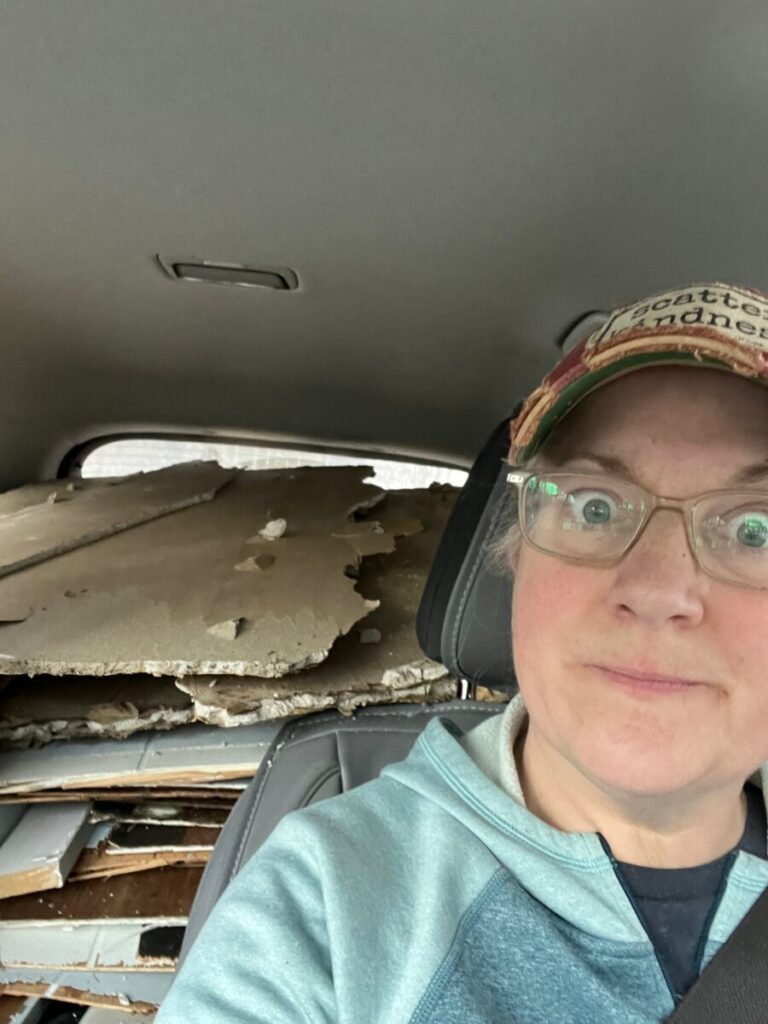 Vermont cottage bedroom demolition debris in Melissa's car. 